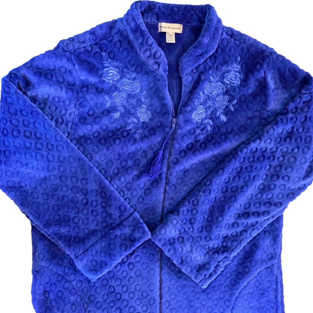 Ms Elaine Royal Cblt Blue Plush Zip Front Robe Floral Embroidered XL Tassel Pull